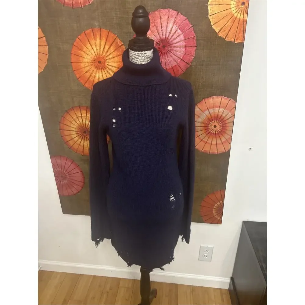 NWT Lovers + Friends Revolve Distressed Turtleneck Wool Blend Knit Dress Navy SM